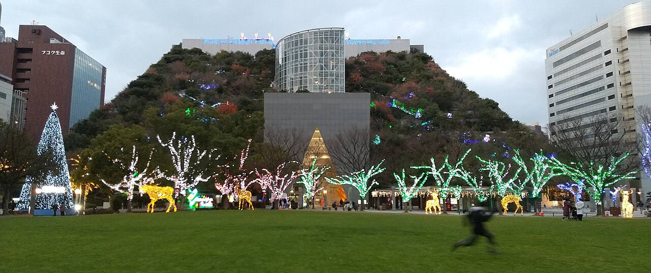 夜の天神中央公園から見たアクロス福岡