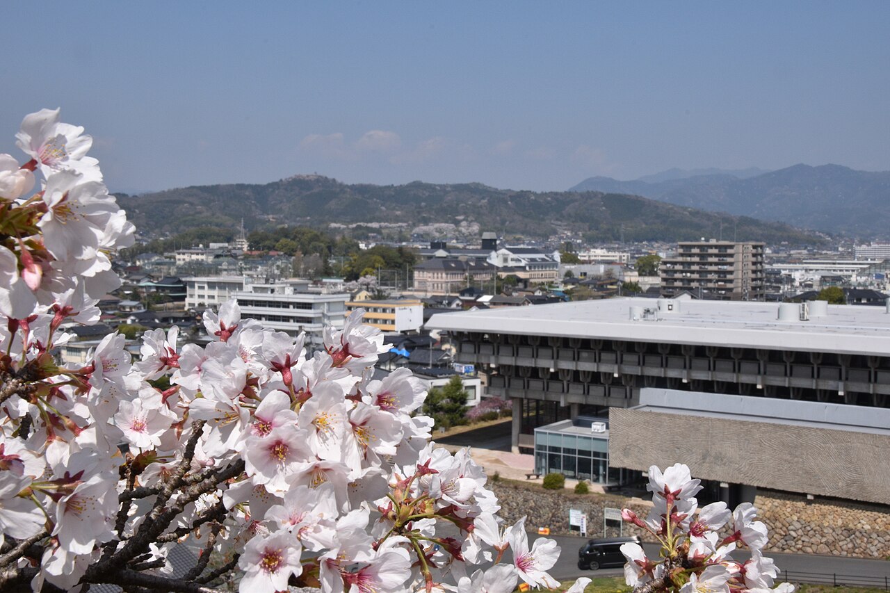 桜越しの津山文化センター